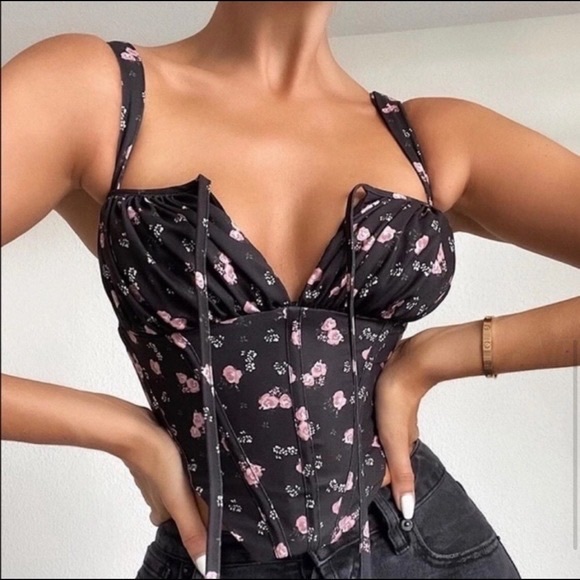 House of CB ‘Gene’ Black Floral Rose Corset Bustier - Picture 7 of 13
